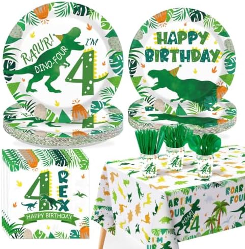 170 Pcs Dinosaur 4th Birthday Party Decorations for Boys Serves 24 by Greencian