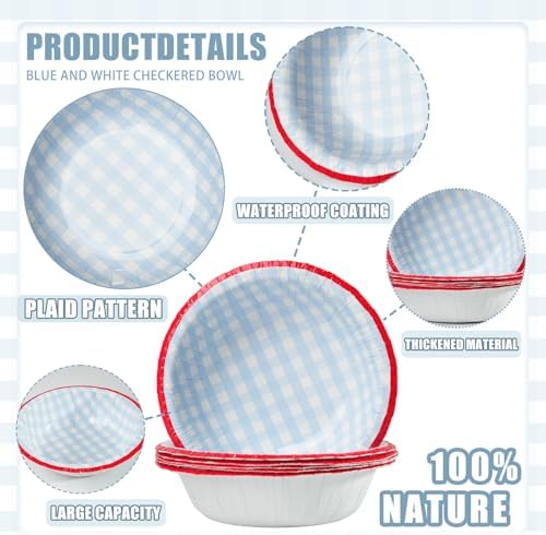 50 Pcs Small Paper Bowls, 8 oz Disposable Gingham Bowls, Soak Proof, Cut Proof, Microwave Safe Compostable Checkered Bowl for Ice Cream, Snack, Buffalo Plaid Birthday Party Supplies (Blue) - Image 4
