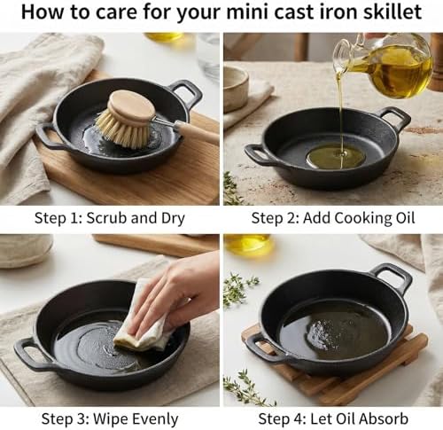 Mini Cast Iron Skillets Set of 6, 4.8 Inch Small Cast Iron Pans with Double Handles, Black Individual Serving Skillets for Frying Baking Roasting, Oven Safe Ramekins for Kitchen Indoor Outdoor - Image 6