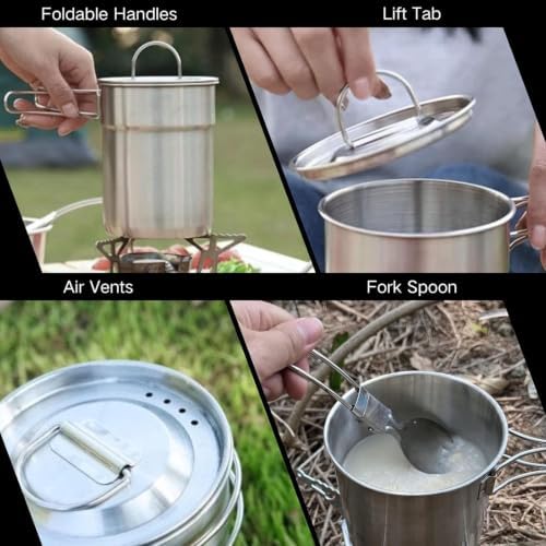 BeGrit Camping Cups Mugs Stainless Steel Camping Pot Food Grade Metal Camping Cookware with Folding Spoon, Vented Lids (5pcs) - Image 5