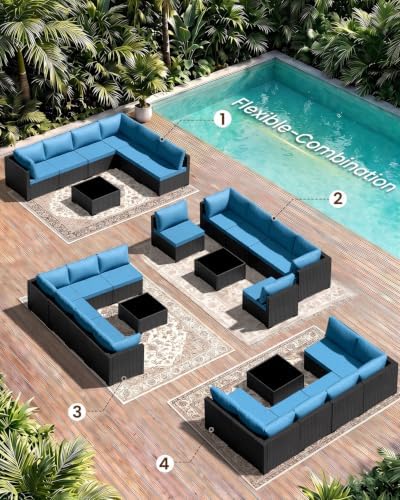Patio Furniture Set - All-Weather - 7 Piece Patio Outdoor Conversation Set, Modular Wicker Rattan Sectional Sofa for Backyard, Garden, Poolside, Balcony, Porch, Patio,Black/Navy Blue - Image 7