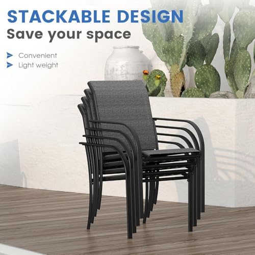 VICLLAX 5 Pieces Patio Dining Set for 4, Outdoor Furniture Set Includes 40.7" Round Patio Table and 4 Patio Stackable Chairs, Grey Tabletop and Grey Fabric - Image 6