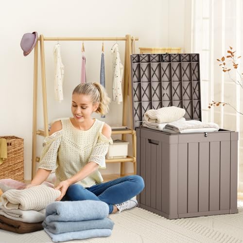ROJIK 57 Gallon Outdoor Storage Housing Deck Box - Waterproof Patio Furniture, Garden Tools, Cushions, Pool Accessories Storage Bench with Lockable Lid and Side Handles（Grey） - Image 4