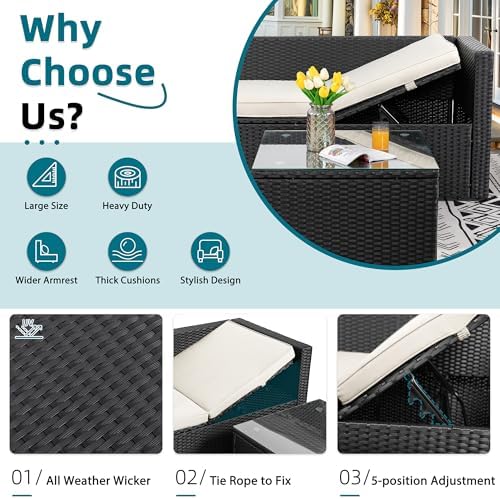 SUNLEI Patio Furniture Set with Detachable Soft Cushions, Outdoor PE Rattan Patio Conversation Sofa Set, 3-Piece Patio Sectional Sofa with Glass Coffee Table (Black Rattan&White) - Image 3