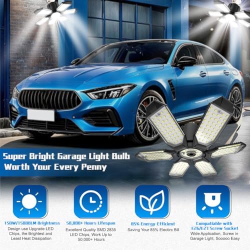Garage Light - Super Brighter 15000LM Garage Light Bulb 150 Watt Equivalent Screw into E26 Socket w/ 6 Deformable Panels 6500K Led Shop Lights for Base Basement Workshop Warehouse Attic - Image 2