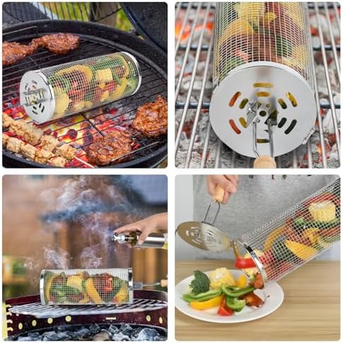 Rolling Grill Baskets 2PCS, 304 Stainless Steel Grill Basket with Removable Wooden Handle, Portable BBQ Grilling Basket for Fish Vegetables (11in,8in), Outdoor Barbecue Accessories - Ideal Gifts for Men Dad Husband - Image 5