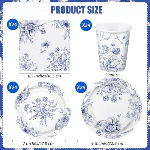 Kochorie 96 Piece Blue and White Floral Disposable Party Supplies Elegant Floral Paper Plates, Cups, and Napkins 9 Inch and 7 Inch Plates Serves 24 Guests for Birthday or Baby Shower - Image 2