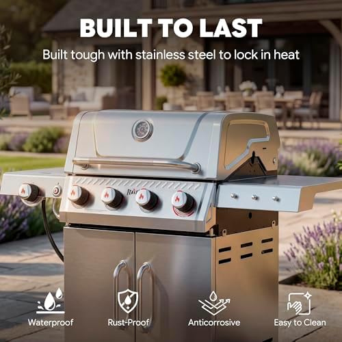 Feasto 4-Burner Propane Gas Grill w/Sear & Side Burner, Cabinet Storage - Image 4