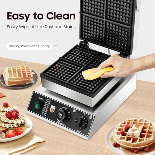 4-Slice Commercial Waffle Maker, 1750W Electric Honeycomb-Shaped Waffle Machine, Stainless Steel Waffle Iron Baker with Non-Stick Coating, 122-572℉ Temperature Adjustable - Image 7