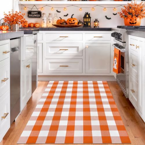 IOHOUZE Fall Buffalo Plaid Outdoor Rug 4x6, Washable, Orange White - Image 2