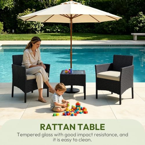 Yaheetech 3 Pieces Patio Conversation Set, Outdoor Rattan Bistro Furniture, 2 Chairs with Cushions & 1 Side Table for Bistro/Porch/Garden/Deck/Courtyard, Black/Khaki - Image 6
