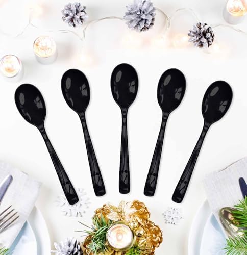 SietDESEO 50 PCS Black Plastic Spoons Disposable Utensils Heavy Duty Black Spoons Disposable Cutlery for Birthday Wedding Baby Shower Bridal Shower Plastic Silverware - Image 2