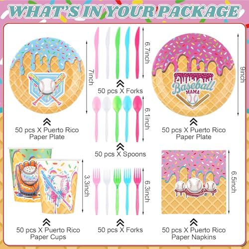 FoldTier 350 Pcs Baseball Ice Cream Dripping Birthday Party Decorations Set Ice Cream Paper Plates Napkins Fork Set Disposable Fairy Tableware Decorations Supplies for Baby Shower Dinner Serves 50 - Image 3