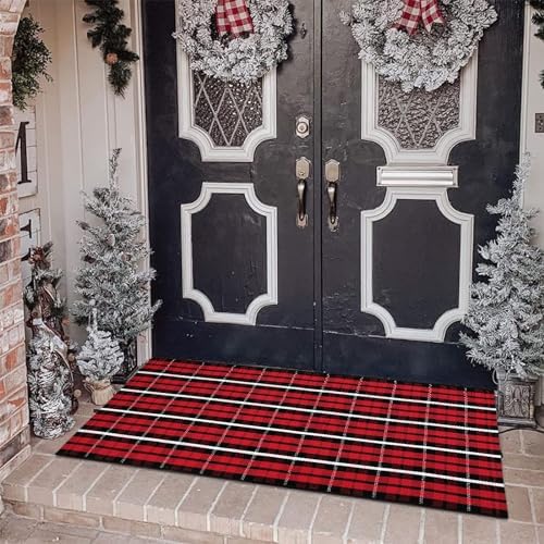 Christmas Front Door Mat Outdoor 2'X4.3' Red Plaid Porch Rug Welcome Mat - Image 6
