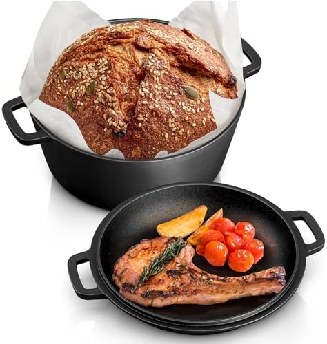 TeamFar 5qt Dutch Oven, Pre-seasoned Cast Iron for Bread Baking, Black by TeamFar
