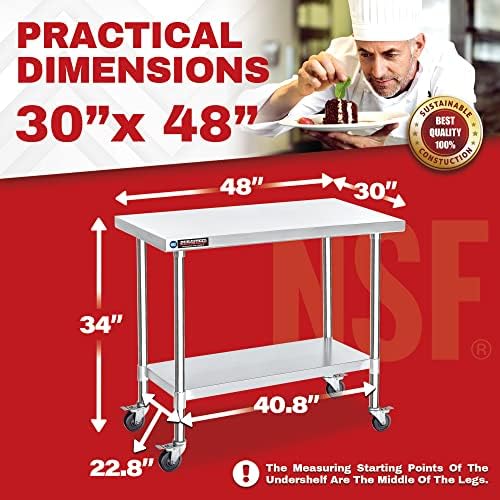 DuraSteel 30x48 NSF Stainless Steel Cart - Heavy Duty Food Prep Table with Undershelf - Rolling Kitchen Island on Wheels for Commercial Restaurant Kitchen, Garage, Outdoor Cooking, BBQ Grill, Counter - Image 3