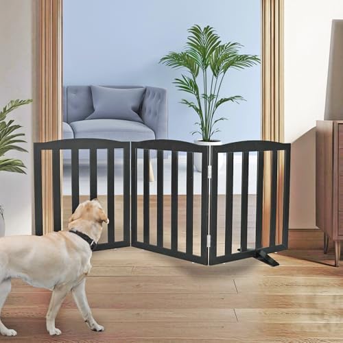 Freestanding Dog Gate Indoor,Doggie Gate Foldable Pet Gates for Doorways,Stairs or Hallways, Wooden Black Pet Gate for the House, Pet Fence with Support Feet Included,24 "Height-3 Panels by SFJC