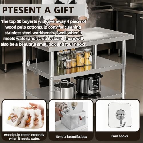 Stainless Steel Table, Available in Fixed or with Wheels. Three-Tier Kitchen prep Table，Metal Commercial Workbench Outdoor,Restaurant, Kitchen (36" Lx32 Wx34.5 H) - Image 3