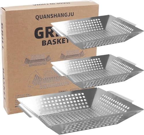 3 Pack Stainless Steel Vegetable Grill Baskets with Handles by QUANSHANGJU