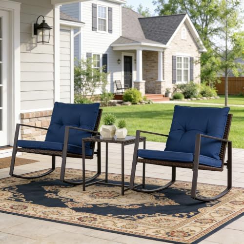 SUNCROWN 3 Piece Outdoor Rocking Bistro Set Brown Wicker Furniture Porch Chairs Conversation Sets with Glass Coffee Table, Dark Blue - Image 2