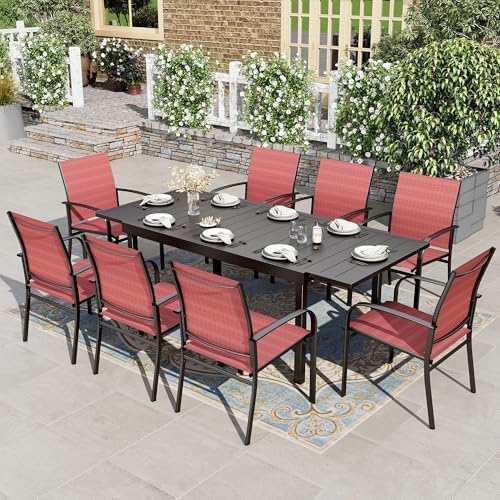 HERA'S HOUSE 9pc Patio Dining Set, Extendable Metal Table, Red Chairs by HERASHOUSE