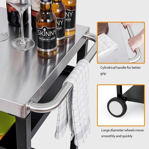 OuterMust Outdoor Grill Table, Triple-Shelf Movable Outdoor Kitchen Island with Wheels and Tank Holders for Pizza Oven, Silver & Black - Image 3