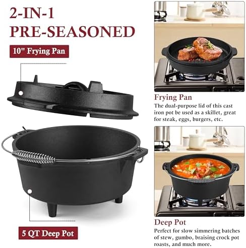 Leonyo 5QT Camping Dutch Oven with Lid Lifter, Pre-Seasoned & Cast Iron - Image 2