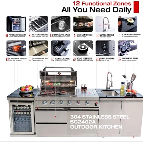 Outdoor Kitchen Island 98.4 Inch, 72000 BTU Gas Grill Combination With Refrigerator and Sink, Outdoor Stainless Steel Barbecue Bar, Natural Gas Barbecue Grill for Patios, Gardens, Parties - Image 3
