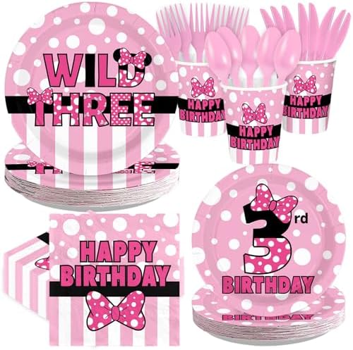 168Pcs Pink Mouse 3rd Birthday Decorations, Serves 24 by Greencian