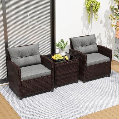 Tangkula 3 Pieces Patio Furniture Set, PE Rattan Wicker 3 Pcs Outdoor Sofa Set w/Washable Cushion and Tempered Glass Tabletop, Conversation Furniture for Garden Poolside Balcony (Grey) - Image 2