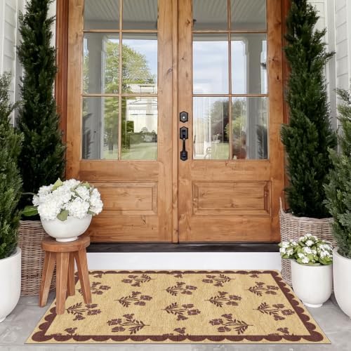 Floral Entry Rug - 28" x 43" Front Door Mat Indoor Outside Entrance Non-Slip Washable Outdoor Mat Jute-Look Burgundy Scalloped Rug for Entryway Kitchen Mudroom Layered Doormat for Front Porch - Image 4