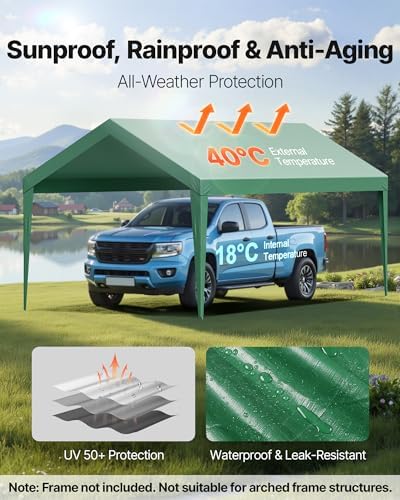 VEVOR Carport Replacement Canopy, 10 x 20 ft Potable Garage Tent Top Tarp, UV-Resistant & Waterproof Car Shelter Tarp, Heavy Duty Car Port Cover with Ball Buggees, Dark Green, Frame Not Included - Image 3