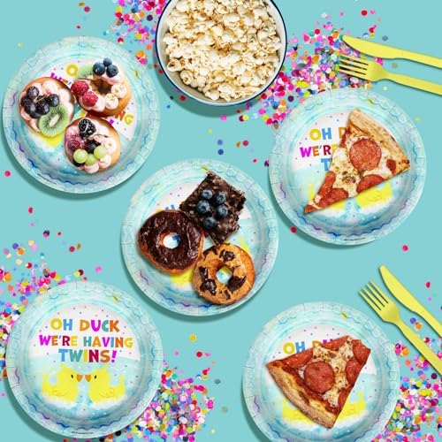 Birthday Galore Oh Duck! We're Having Twins Baby Shower - 32 Piece Disposable Party Supplies - Rubber Ducky Baby Shower Decorations - Round Party Plates - Large 9" Paper Plates In Bulk - Image 4
