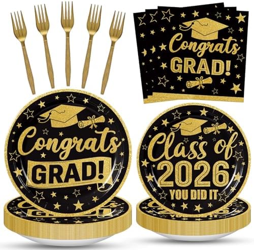 100 Pcs Graduation Party Supplies Set, Serves 25 – Disposable Black and Gold Graduation Paper Plates, Napkins, and Forks, Congrats Grad Dinnerware for Class of 2026, Prom Party Decorations by Merriva