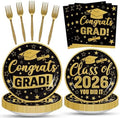 100 Pcs Graduation Party Supplies Set, Serves 25 – Disposable Black and Gold Graduation Paper Plates, Napkins, and Forks, Congrats Grad Dinnerware for Class of 2026, Prom Party Decorations by Merriva