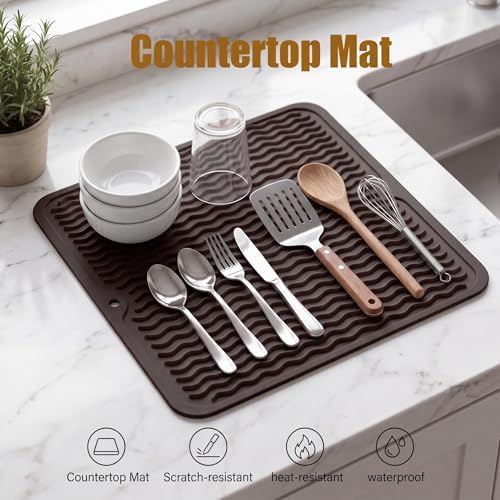 MicoYang Silicone Dish Drying Mat for Multiple Usage,Easy clean,Eco-friendly,Heat-resistant Silicone Mat for Kitchen Counter or Sink,Refrigerator or Drawer liner Coffee M 12 inches x 12 inches - Image 3