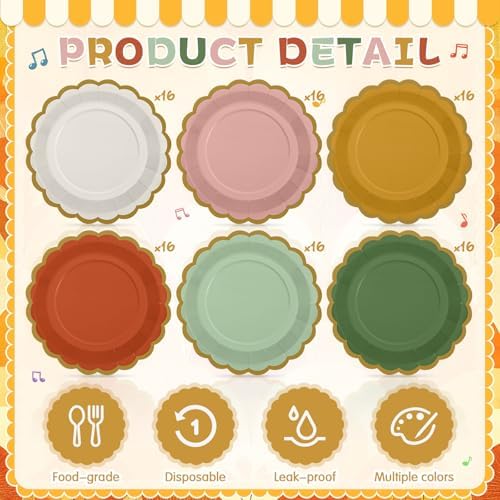 96 Pcs Colorful Paper Plates 9 Inch Boho Vintage Scalloped Paper Disposable Dinner Dessert Plates for Birthday Wedding Bridal Party Supplies, 6 Colors - Image 4