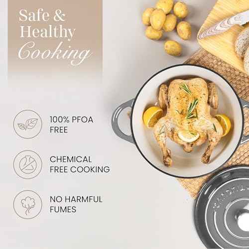 Nuovva Enamelled Cast Iron Dutch Oven Pot with Lid-6.4 Quart Non Stick Casserole Pot-Heavy Duty & Oven Safe up to 500° F for Bread Baking, Braising, Stews, Roasting - 28cm Grey - Image 5