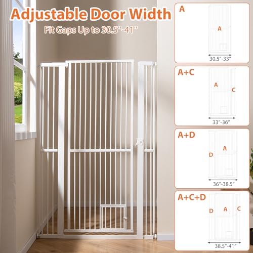 Giantex 59'' Extra Tall Pet Gate for Large Dogs & Cats, Adjustable 30.5''–41'' Wide Dog Gate with Small Pet Door, Extension Kits, Pressure or Hardware Mount, Jump-Proof Indoor Barrier, White - Image 2
