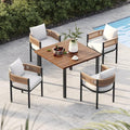 Grand patio 5-Piece Outdoor Dining Set for 4, Metal Woven Wicker Fixed Patio Chairs with Thickened Cushions & 1 Square Woodgrain Dining Table with Umbrella Hole for Backyard Deck (Natural) by GrandPatio