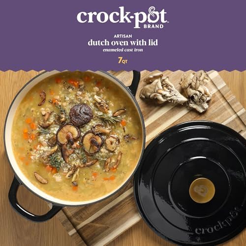 Crock Pot Artisan 7-Quart Round Cast Iron Dutch Oven with Lid – Black Enamel Finish, Gold Knob, Durable Heavy-Duty Cookware for Slow Cooking, Baking, and Roasting - Image 2