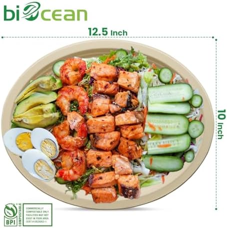 12.5 Inch Compostable Oval Plates [125-Value Pack] - Sustainable and Heavy-Duty Compostable Paper Plates, Natural Sugarcane Bagasse Biodegradable Plate, Natural Brown - Image 5