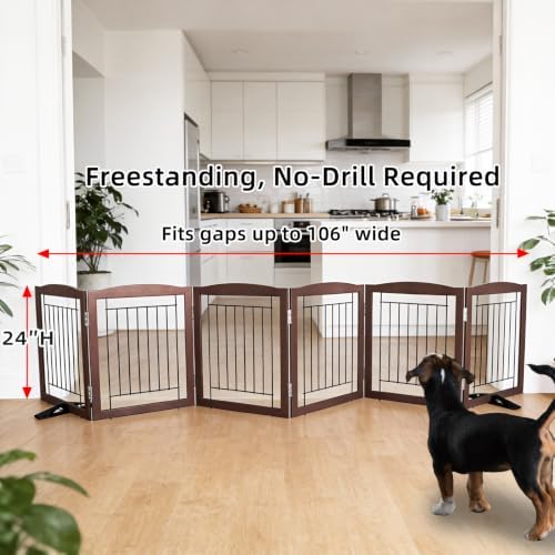 ZJSF Freestanding Dog Fence Indoor, Foldable Dog Gate for Doorways, Stairs or Hallways, Sturdy Wood Extra Wide Pet Gate with Support Feet for The House, Brown, 24 "Height-6 Panels - Image 2
