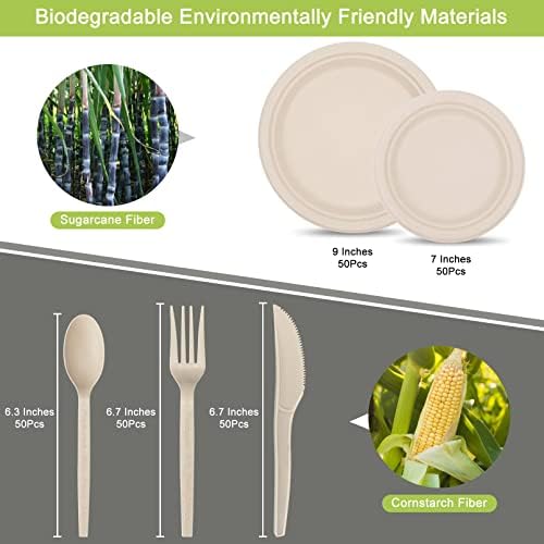 Unves 250 Pcs Compostable Paper Plates Set with Extra Long Utensils, Brown - Image 3