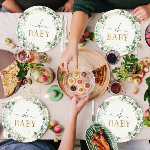 50 PCS Eucalyptus Baby Shower Paper Plates, 7Inch Greenery Oh Baby Dessert Plate Party Supplies Disposable Tableware Sets for Boys or Girls Gender Reveal Shower Party Decorations Favors - Image 6