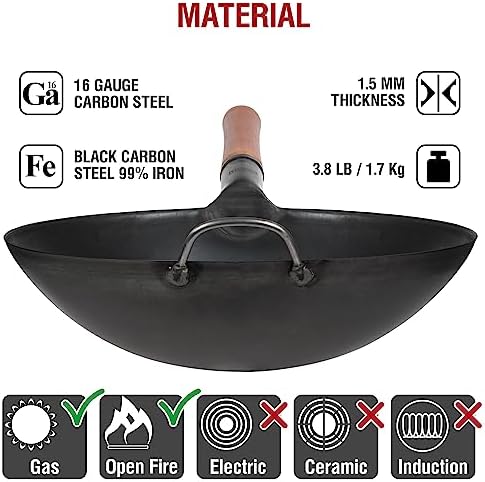 YOSUKATA 14" Black Carbon Steel Wok with Round Bottom - Image 5