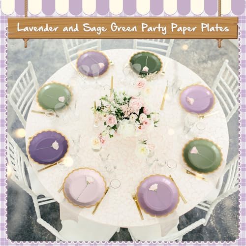96 Pcs Sage Green Purple Paper Plates 9 Inch Scalloped - Image 2