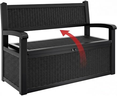YITAHOME 80 Gallon Storage Bench Deck Box, Lockable Patio Bench with Hidden Storage, Waterproof Outdoor Pool Deck Storage for Patio Cushions, Garden Tools and Pool Supplies, Black by YITAHOME