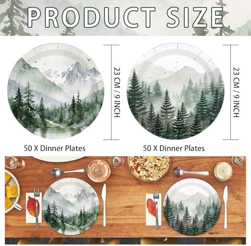 50Pcs Green Forest Party Decorations 9 inch Nature Camping Woodland Pine Tree Paper Plates Mountain Adventure Awaits Theme Plates for Summer Picnic BBQ Baby Shower Outdoor Camper Party Decorations - Image 3