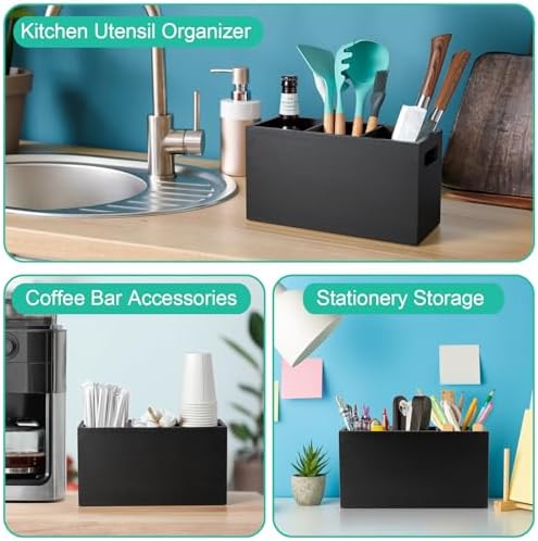ALELION Black Kitchen Utensil Holder for Countertop - Wooden Large Utensil Caddy Organizer for Counter - 3 Compartment Cooking Utensil Crock for Silverware Spoon Spatula - Image 6